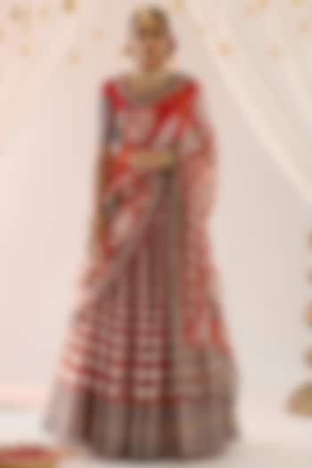 Red Dupion Printed Skirt Set by Rajdeep Ranawat
