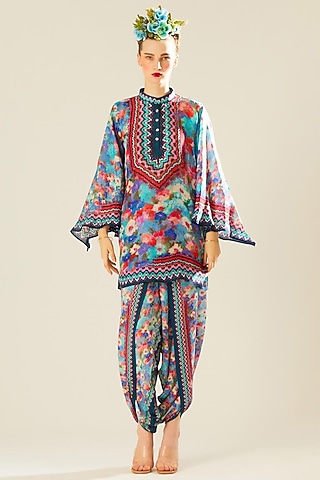 Turquoise Satin Printed Dhoti Pants by Rajdeep Ranawat