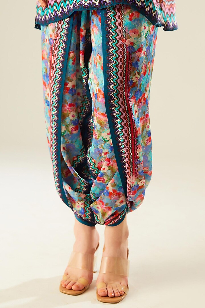 Turquoise Satin Printed Dhoti Pants by Rajdeep Ranawat at Pernia's Pop Up Shop