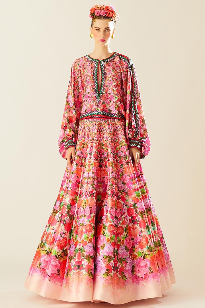 Coral Dupion & Silk Printed Skirt Set by Rajdeep Ranawat