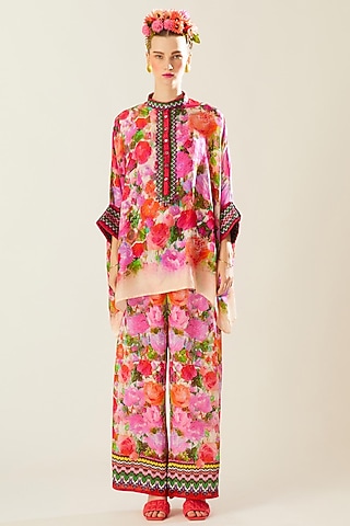 Coral Silk Printed Tunic by Rajdeep Ranawat