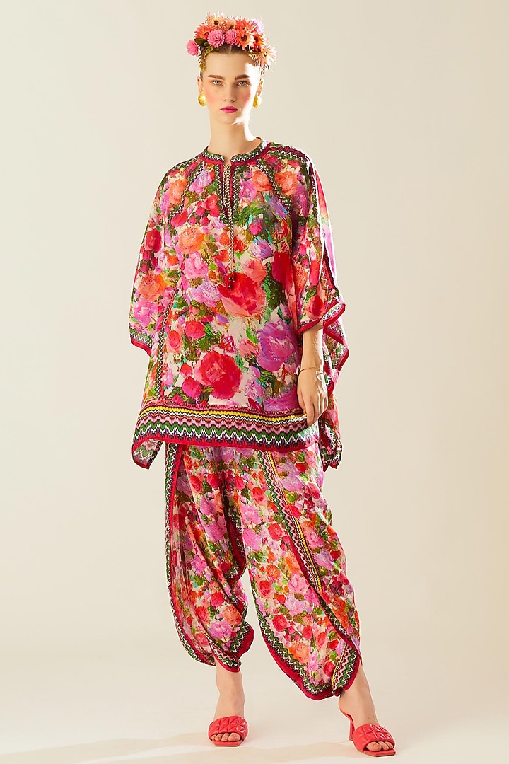 Coral Silk Printed Poncho by Rajdeep Ranawat at Pernia's Pop Up Shop