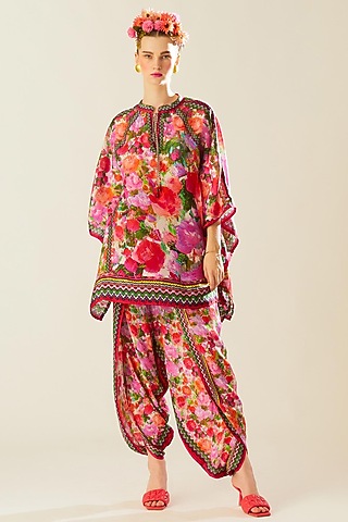 Coral Silk Printed Poncho by Rajdeep Ranawat