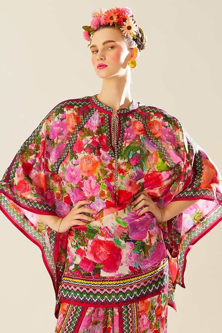 Coral Silk Printed Poncho by Rajdeep Ranawat at Pernia's Pop Up Shop