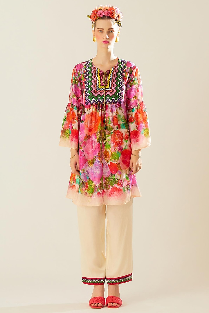 Coral Silk Printed Boho Top by Rajdeep Ranawat at Pernia's Pop Up Shop