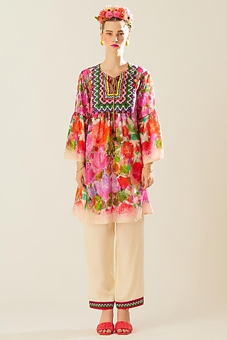 Coral Silk Printed Boho Top by Rajdeep Ranawat