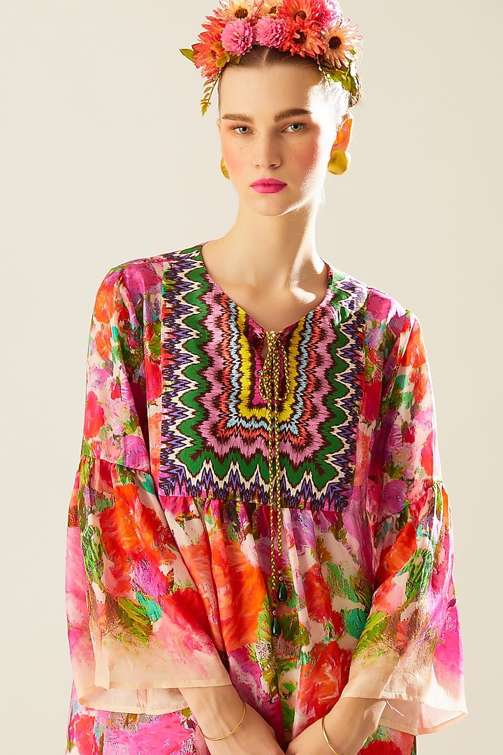 Coral Silk Printed Boho Top by Rajdeep Ranawat at Pernia's Pop Up Shop