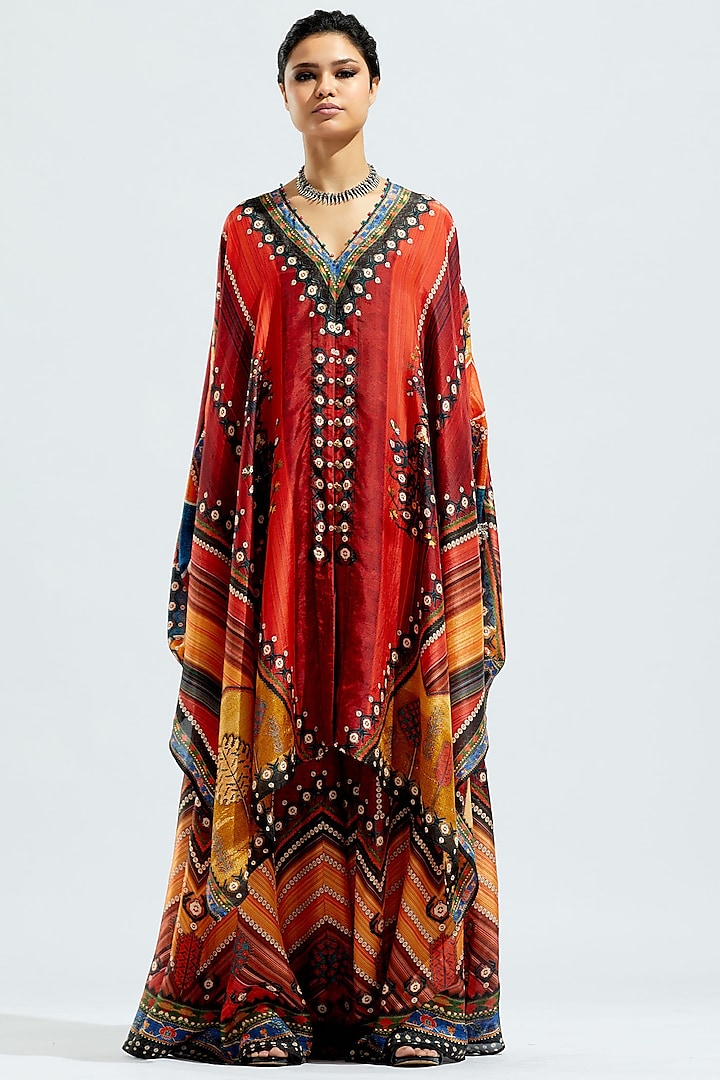 Red Silk Printed Kaftan Dress by Rajdeep Ranawat