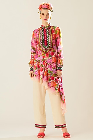 Coral Silk Printed Asymmetric Shirt by Rajdeep Ranawat