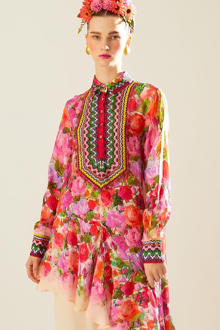 Coral Silk Printed Asymmetric Shirt by Rajdeep Ranawat at Pernia's Pop Up Shop