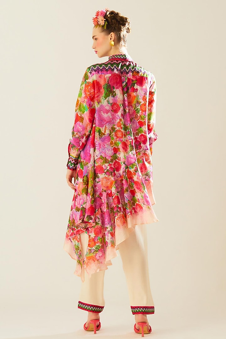 Coral Silk Printed Asymmetric Shirt by Rajdeep Ranawat at Pernia's Pop Up Shop