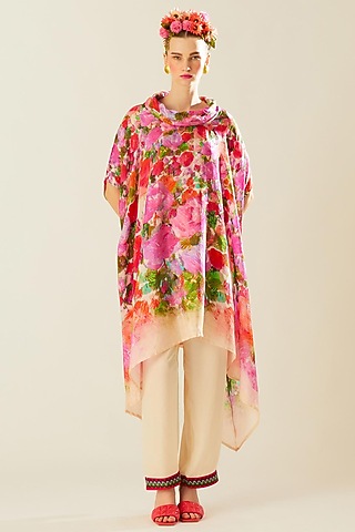Coral Silk Printed Draped Tunic by Rajdeep Ranawat