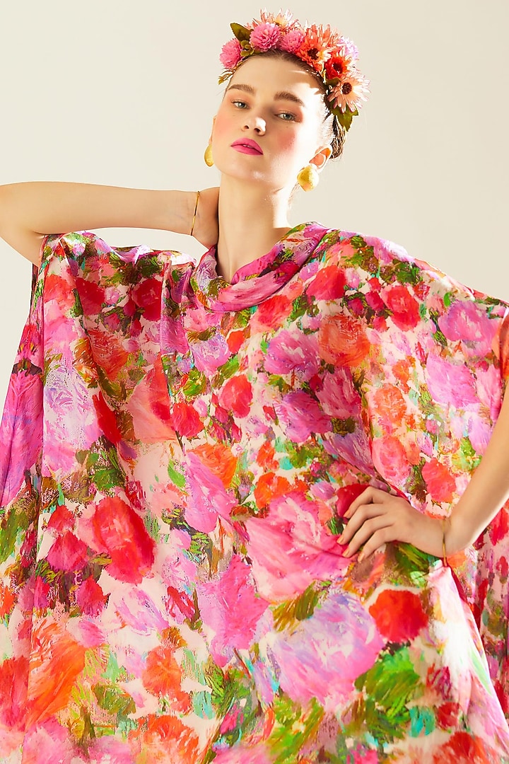 Coral Silk Printed Draped Tunic by Rajdeep Ranawat at Pernia's Pop Up Shop