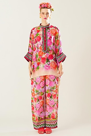 Coral Satin Printed Pants by Rajdeep Ranawat