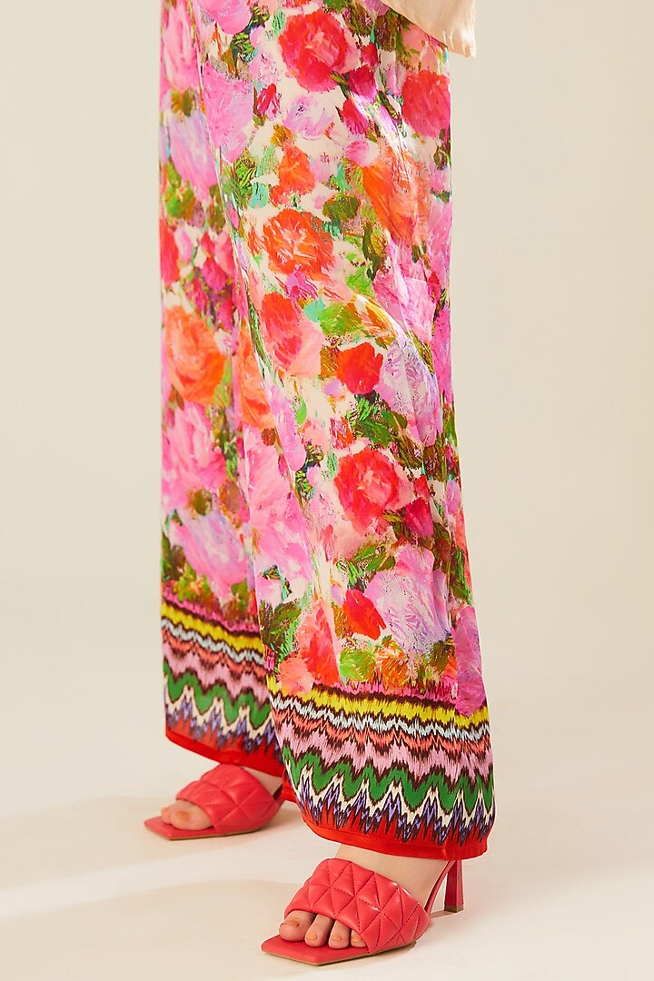 Coral Satin Printed Pants by Rajdeep Ranawat at Pernia's Pop Up Shop