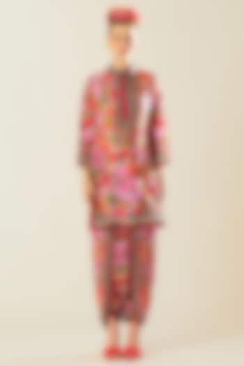 Coral Satin Printed Dhoti Pants by Rajdeep Ranawat at Pernia's Pop Up Shop