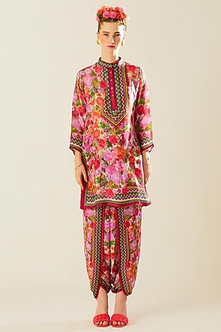 Coral Satin Printed Dhoti Pants by Rajdeep Ranawat
