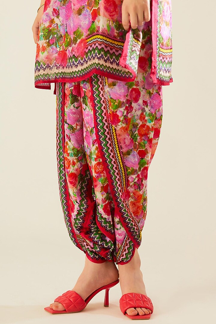 Coral Satin Printed Dhoti Pants by Rajdeep Ranawat at Pernia's Pop Up Shop