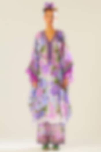 Lavender Silk Printed Kaftan Dress by Rajdeep Ranawat