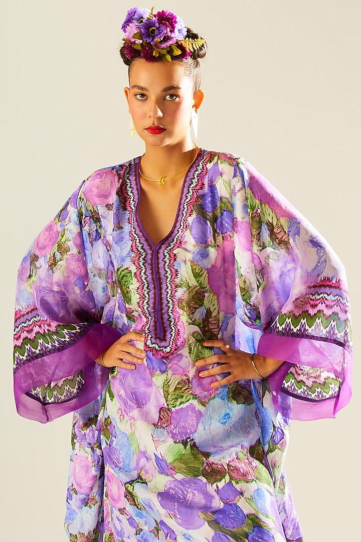 Lavender Silk Printed Kaftan Vacation Dress by Rajdeep Ranawat at Pernia's Pop Up Shop