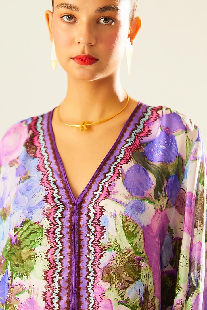 Lavender Silk Printed Kaftan Vacation Dress by Rajdeep Ranawat at Pernia's Pop Up Shop
