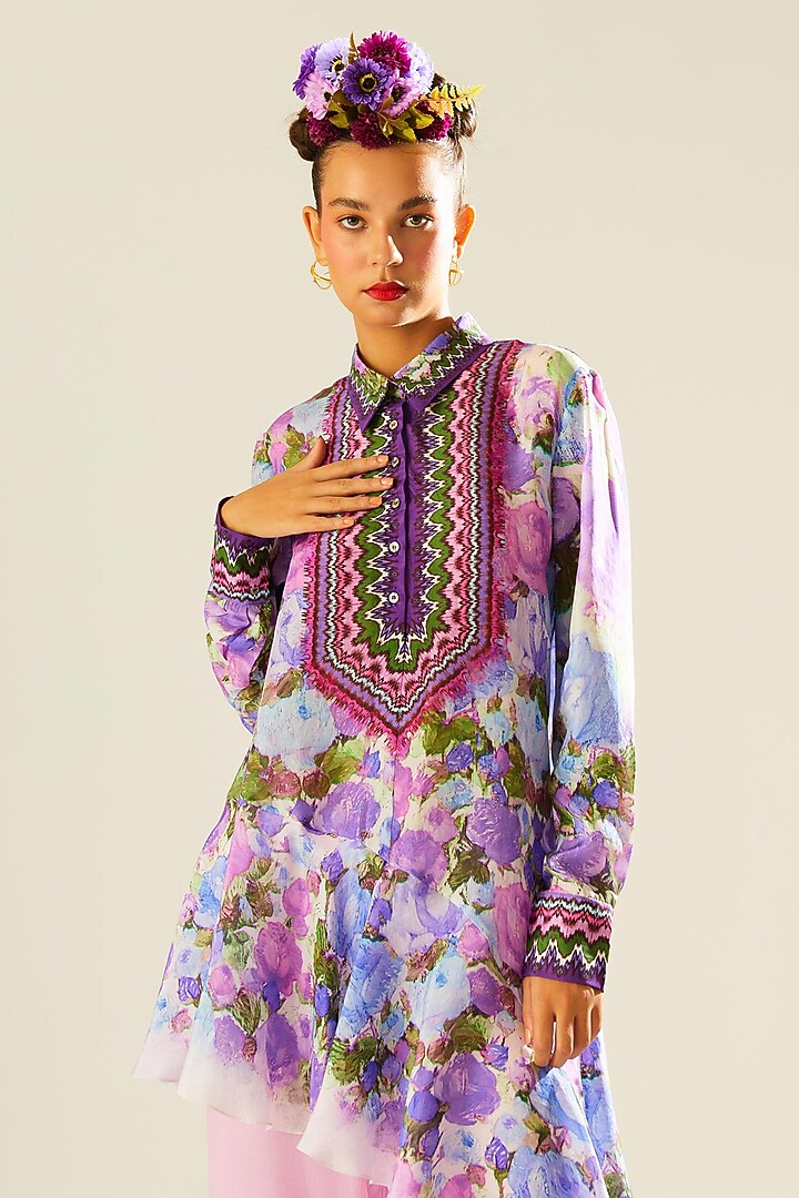 Lavender Silk Printed Asymmetric Shirt by Rajdeep Ranawat at Pernia's Pop Up Shop