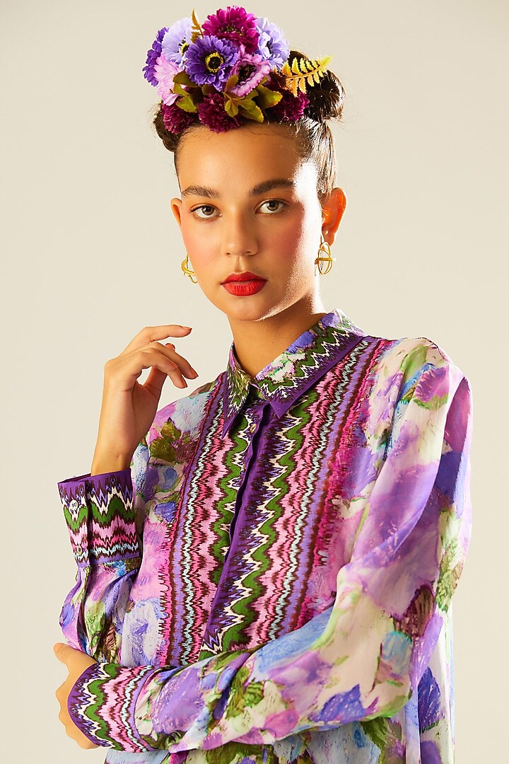 Lavender Silk Printed Asymmetric Shirt by Rajdeep Ranawat at Pernia's Pop Up Shop