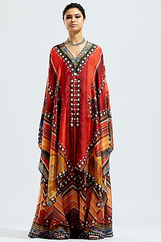 Red Silk Printed Gharara Set by Rajdeep Ranawat