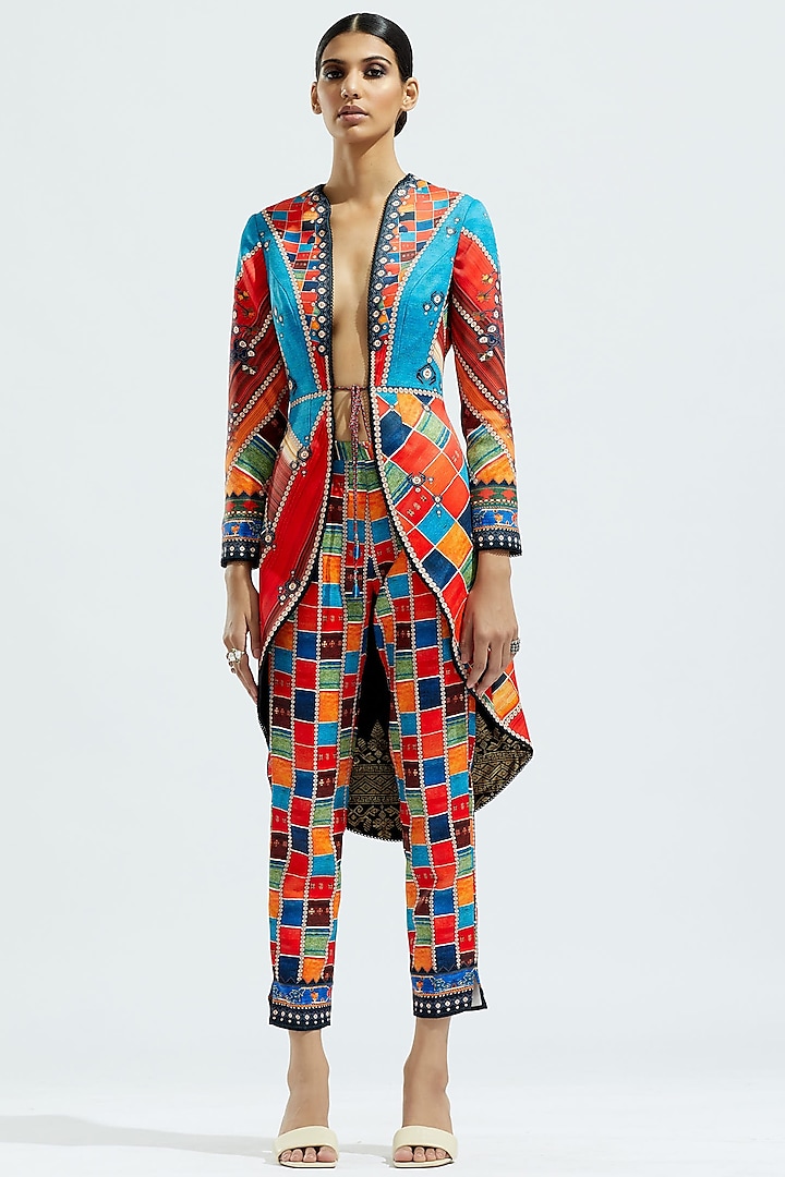 Turquoise Satin Printed Jacket by Rajdeep Ranawat at Pernia's Pop Up Shop