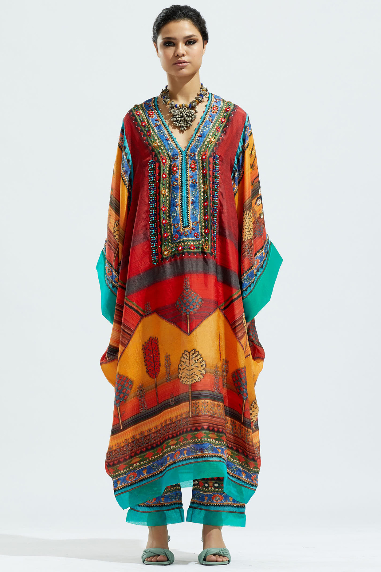 Red & Turquoise Silk Printed Kaftan by Rajdeep Ranawat at Pernia's Pop Up Shop