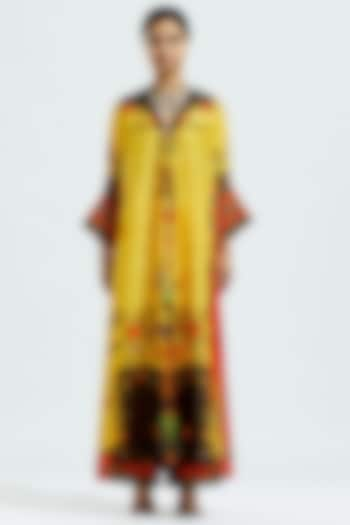 Mustard & Black Silk Printed Kimono Tunic by Rajdeep Ranawat at Pernia's Pop Up Shop