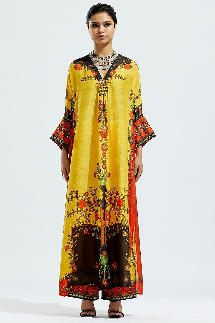 Mustard & Black Silk Printed Kimono Tunic by Rajdeep Ranawat at Pernia's Pop Up Shop