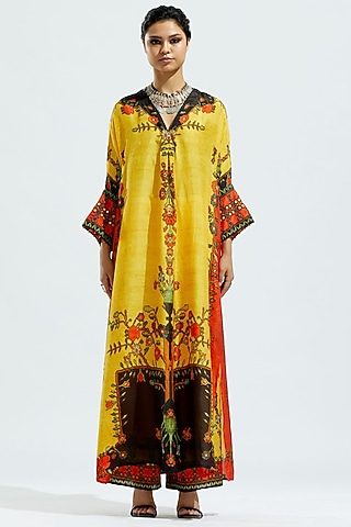 Mustard&nbsp;Satin Printed Palazzo Pants by Rajdeep Ranawat