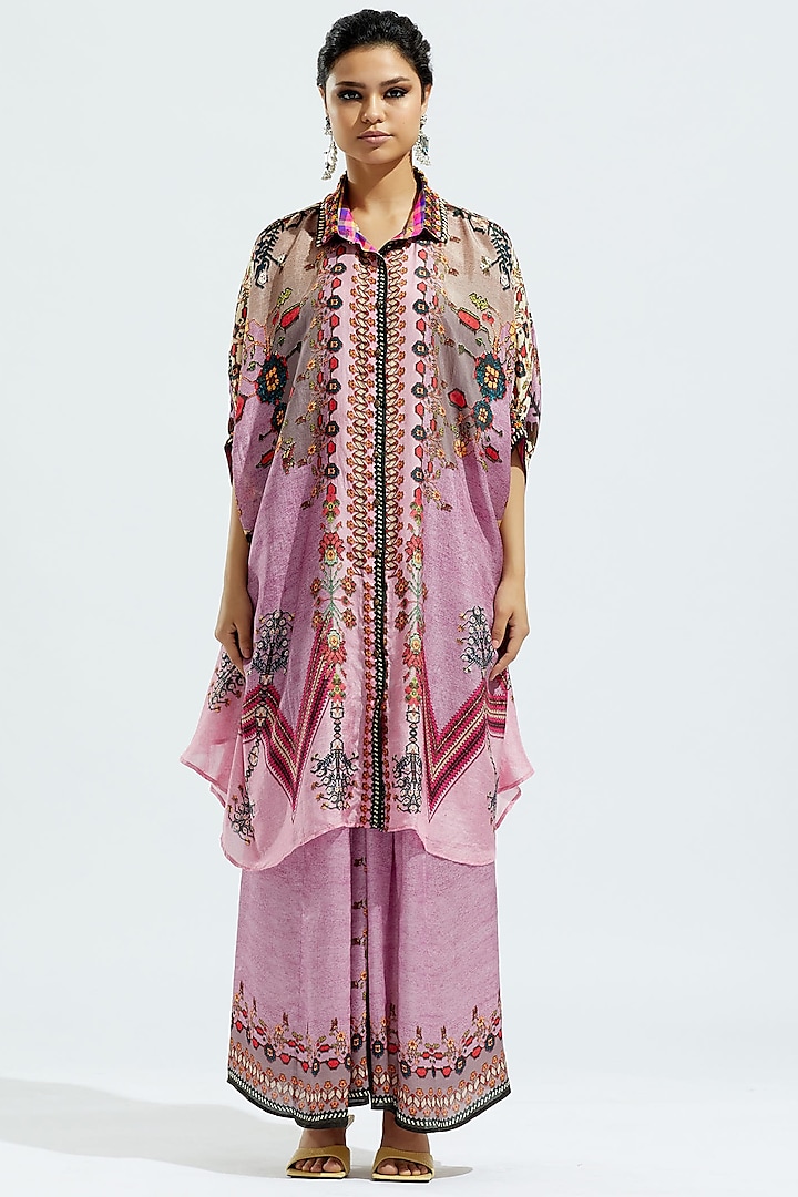 Lavender Satin Printed Skirt by Rajdeep Ranawat
