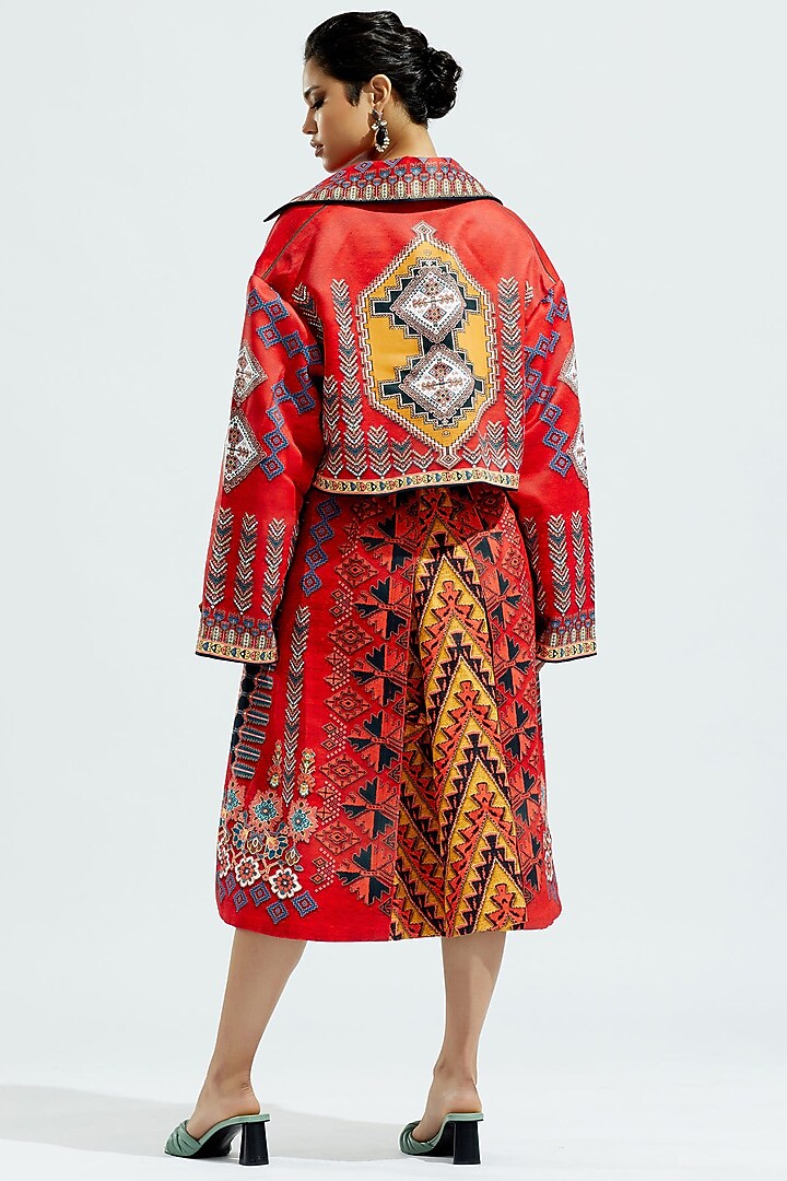 Red?Satin Printed Trench Coat by Rajdeep Ranawat at Pernia's Pop Up Shop