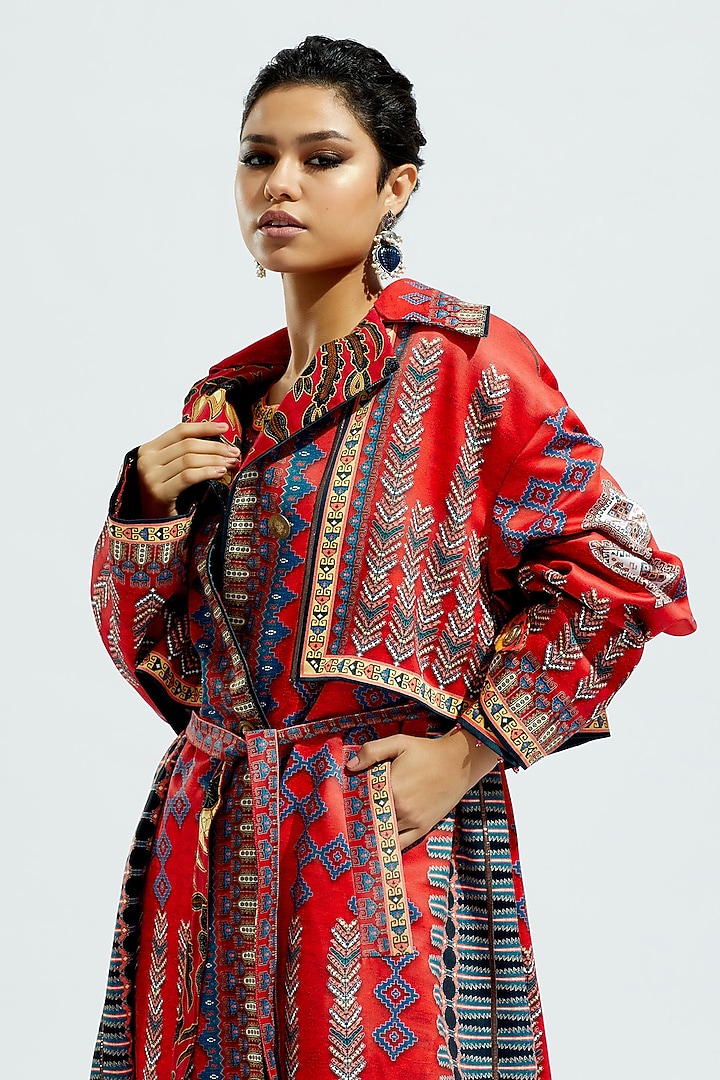 Red?Satin Printed Trench Coat by Rajdeep Ranawat at Pernia's Pop Up Shop