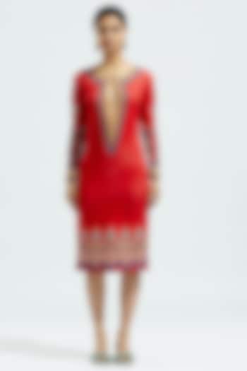 Red Lycra Printed Shift Dress by Rajdeep Ranawat