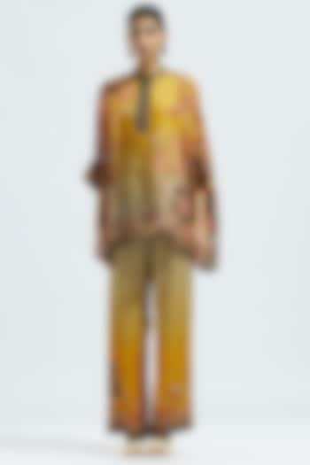 Mustard Satin Printed Pants by Rajdeep Ranawat at Pernia's Pop Up Shop