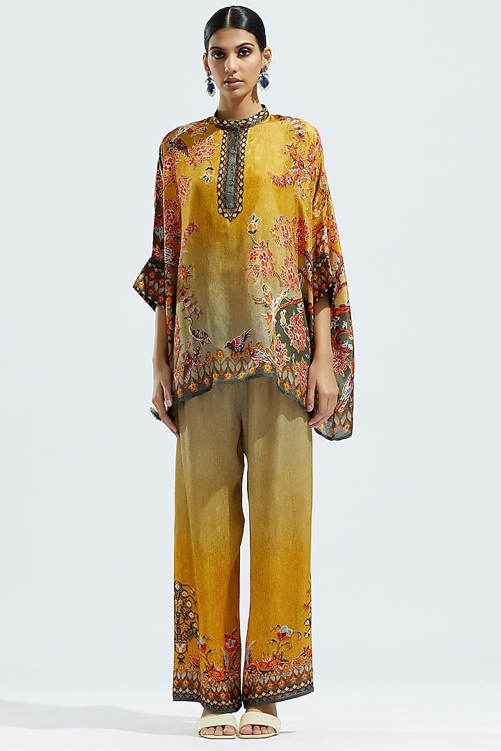 Mustard Satin Printed Pants by Rajdeep Ranawat