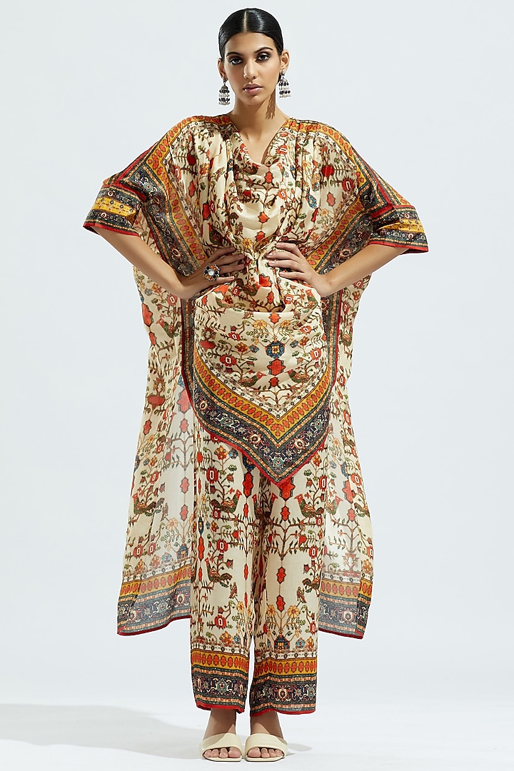 Beige Silk Printed Kaftan Tunic by Rajdeep Ranawat