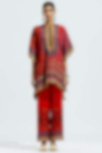 Red Silk Printed Poncho Top by Rajdeep Ranawat at Pernia's Pop Up Shop