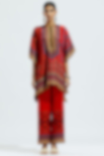 Red Silk Printed Poncho Top by Rajdeep Ranawat