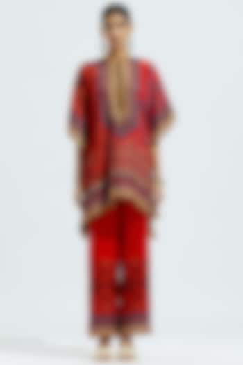 Red Satin Printed Pants by Rajdeep Ranawat