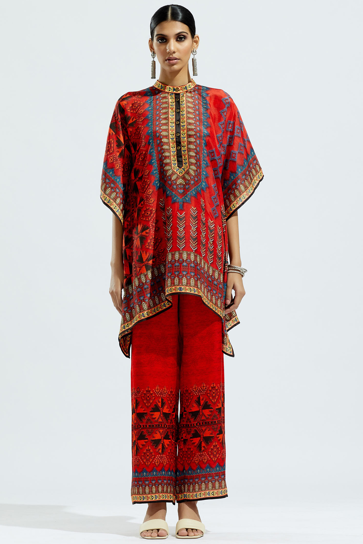 Red Satin Printed Pants by Rajdeep Ranawat at Pernia's Pop Up Shop