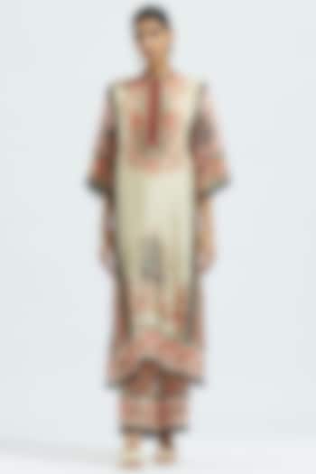 Beige Satin Printed Pants by Rajdeep Ranawat at Pernia's Pop Up Shop
