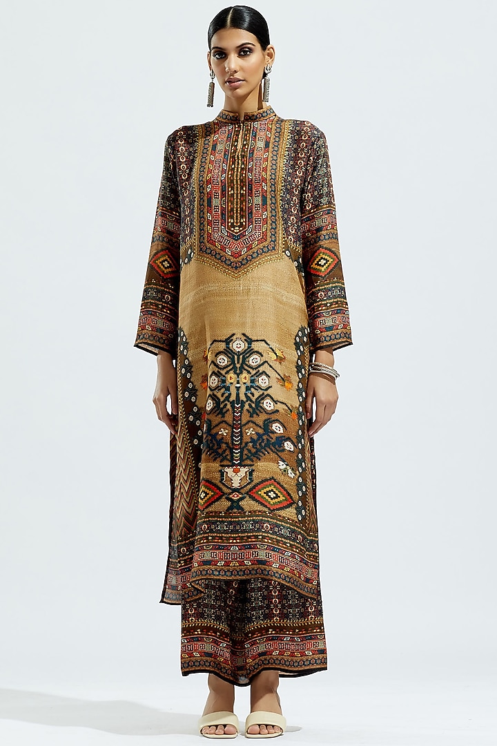 Beige Silk Printed Tunic by Rajdeep Ranawat
