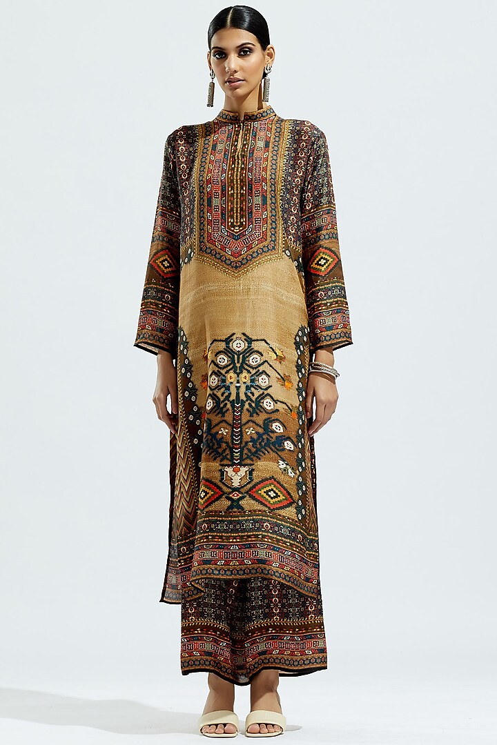 Beige Silk Printed Tunic Set by Rajdeep Ranawat