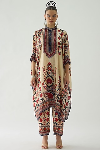 Rust Silk Printed Tunic Set by Rajdeep Ranawat