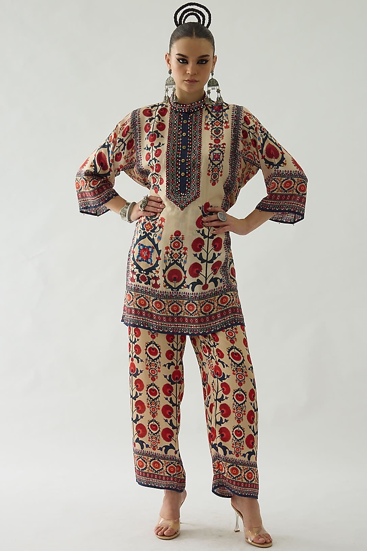 Rust Silk Printed Tunic Set by Rajdeep Ranawat at Pernia's Pop Up Shop