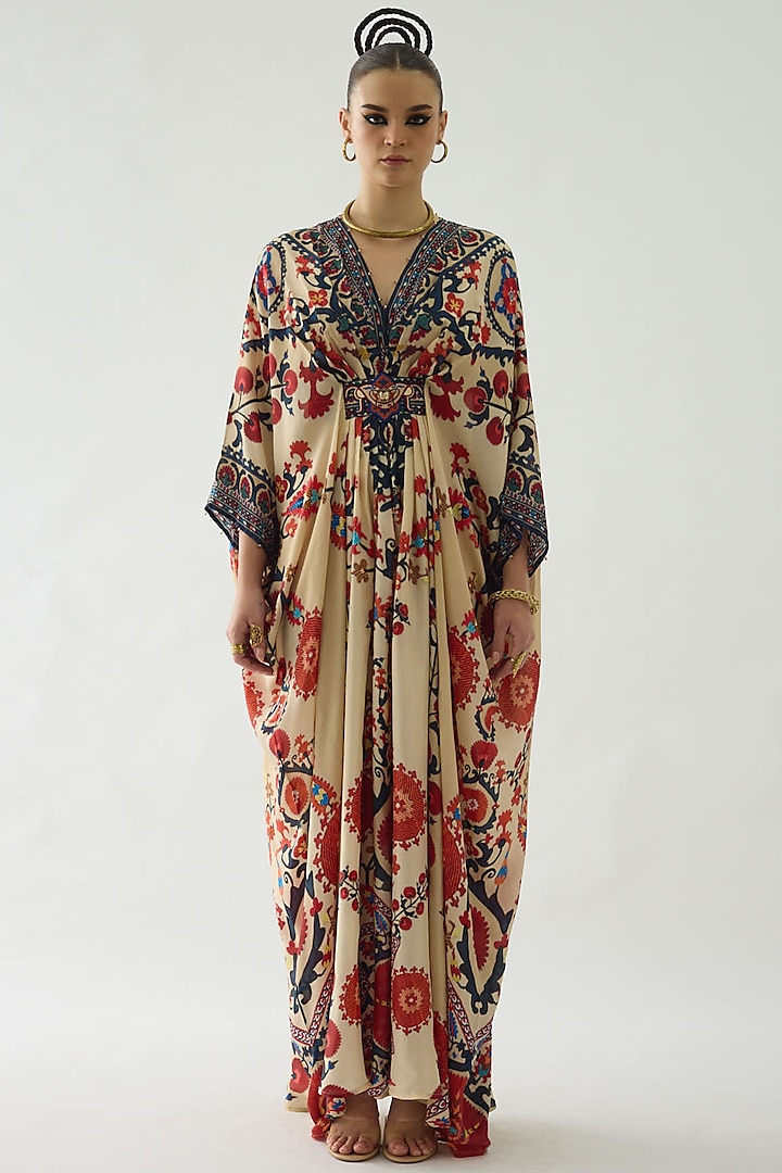 Rust Silk Printed Kaftan by Rajdeep Ranawat at Pernia's Pop Up Shop